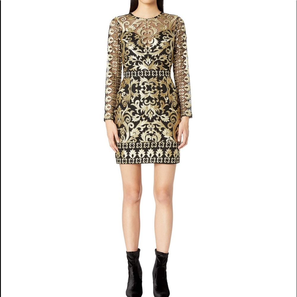 NWT NICOLE MILLER SCROLL GOLD EMBROIDERED SHEATH MINI DRESS SIZE 4